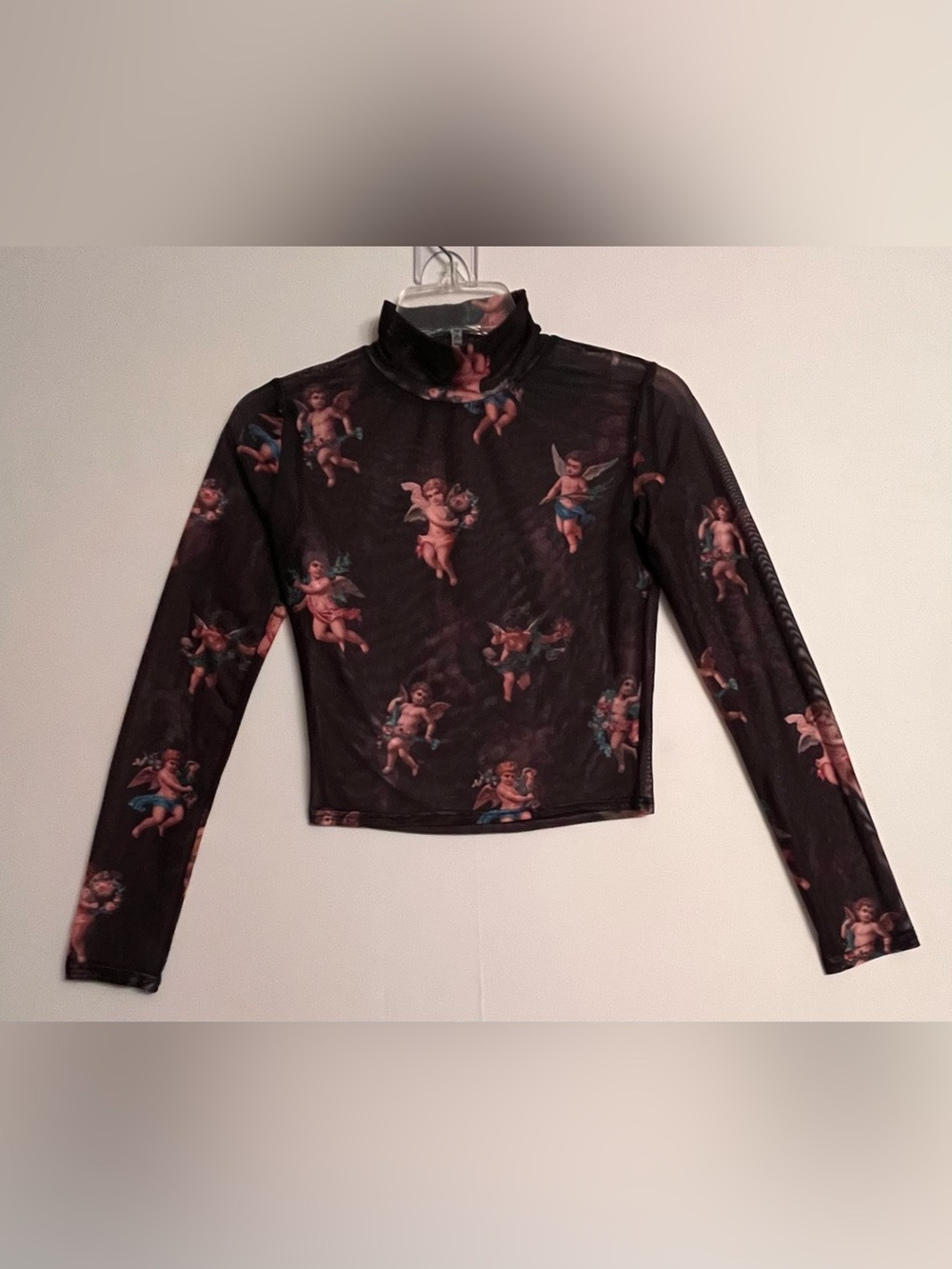 Vintage Aesthetic Cherub Print Sheer Mesh Long Sleeve Mock Neck Crop Top M